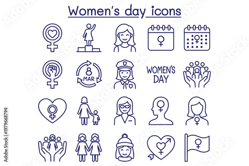 Women’s Day celebration icons set featuring feminist symbols, equality emblems, and empowering motifs in clean blue line art style
