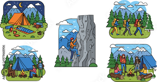 Outdoor Camping, Hiking, and Rock Climbing Adventures in the Mountains for Nature, Adventure, and Exploration Illustrations