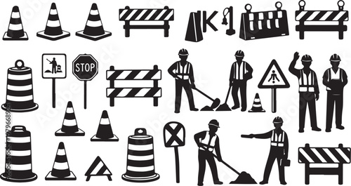 Construction site icons with workers and road signs symbols