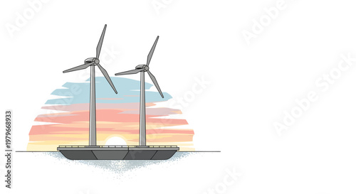 Wind turbines on floating platform at sunset
