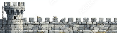 Medieval castle stone wall with  defensive tower and crenelated parapets made of gray masonry blocks