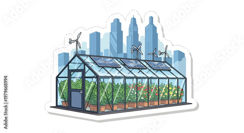 Greenhouse urban garden with cityscape background