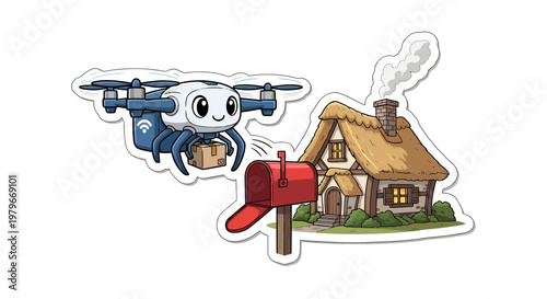 Drone delivering package to mailbox in front of house