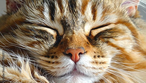 Close-up of a fluffy Maine Coon cat sleeping peacefully.