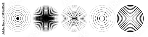 Linear set of radar icons, sonar waves, concentric radial signal circles, echo sounder symbols. Vector black and white illustration on a transparent background for interfaces and infographics