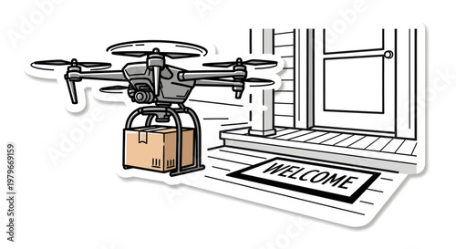 Drone delivering package to front doorstep with welcome mat