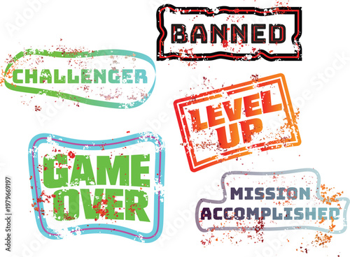 Game Grunge Stamp Graphics Banned Challenger Level Up Game Over