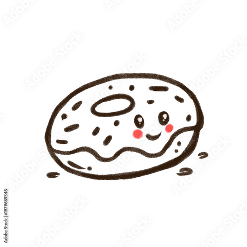 Adorable hand-drawn black and white donut illustration featuring a cute smiling face with sprinkles. Outline-style artwork with a soft sketch texture. Isolated on a clean background.