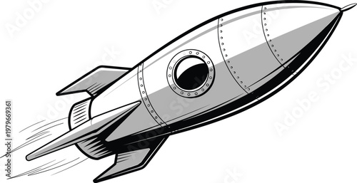 Retro style silver rocket ship blasting off into space with fiery exhaust trails and circular windows against a white background