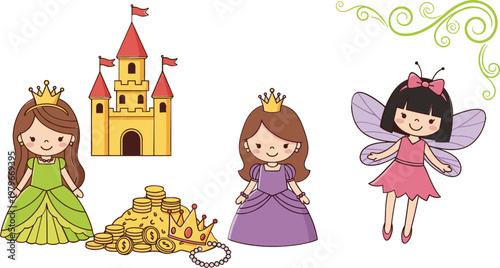 Princesses, Castle, Treasure, and Fairy with Magical Elements for Fantasy Art, Kids’ Illustrations, and Fairy Tale Designs