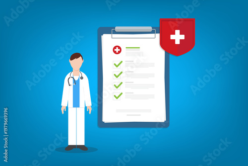 Health Insurance Approval Concept with Doctor Checklist and Medical Protection Shield	
