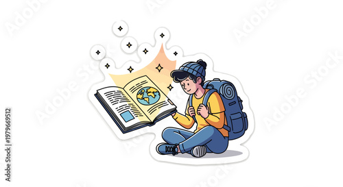 young traveler with backpack studying world map in book