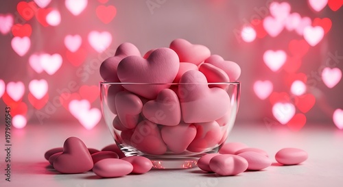 Glass bowl filled with pink heart shaped candies on blurred bokeh background. jpg