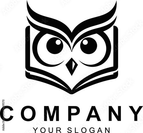 Stylized black and white vector illustration depicting a wise owl's head cleverly integrated with an open book, symbolizing knowledge, education, and sagacity