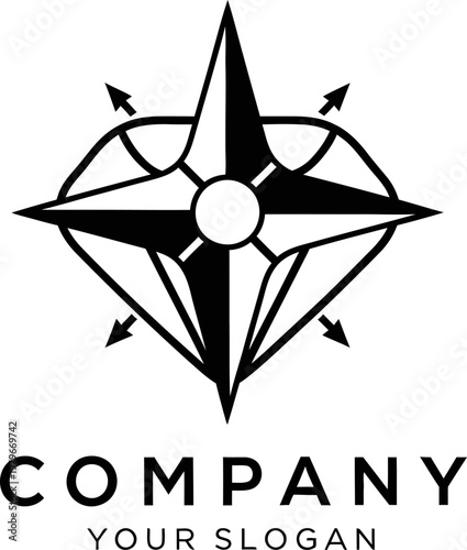 Abstract geometric compass rose logo design featuring a bold star shape, symbolizing direction, guidance, and exploration for corporate branding and identity