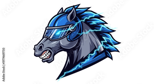 Cyberpunk Horse Head with Electric Blue Lightning and Goggles