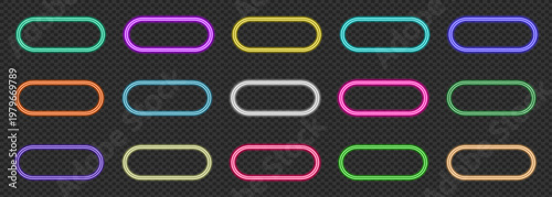 Neon frame collection with colorful glowing borders. Professional set of futuristic oval buttons and bright electric shapes for game interface and modern web design