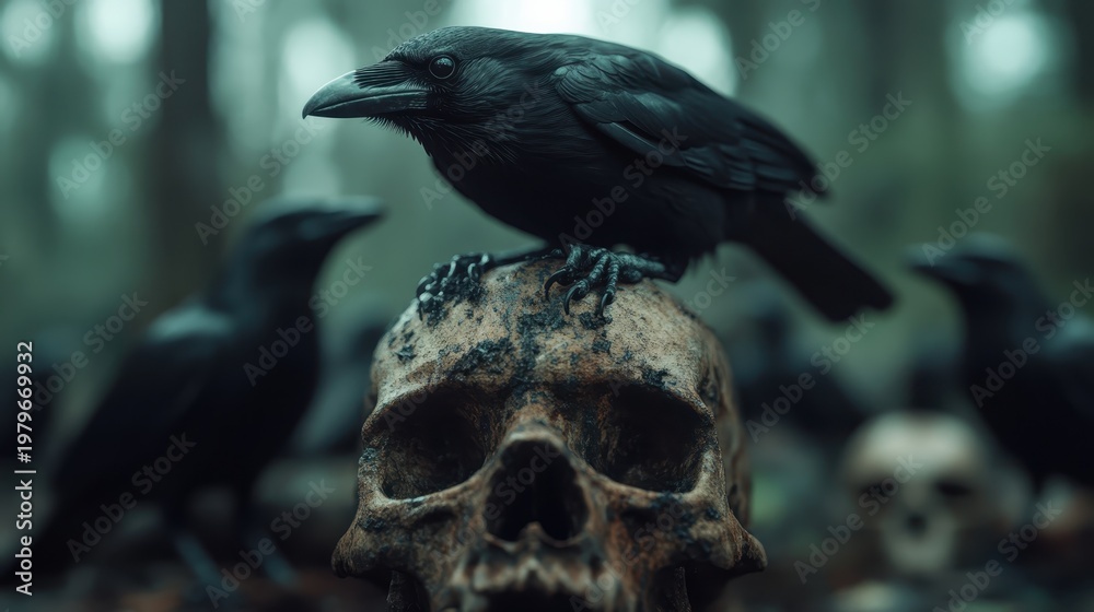 Fototapeta premium A haunting scene of black ravens resting atop skulls set in a misty, dark forest, conveying themes of mortality, nature's mystery, and the supernatural.
