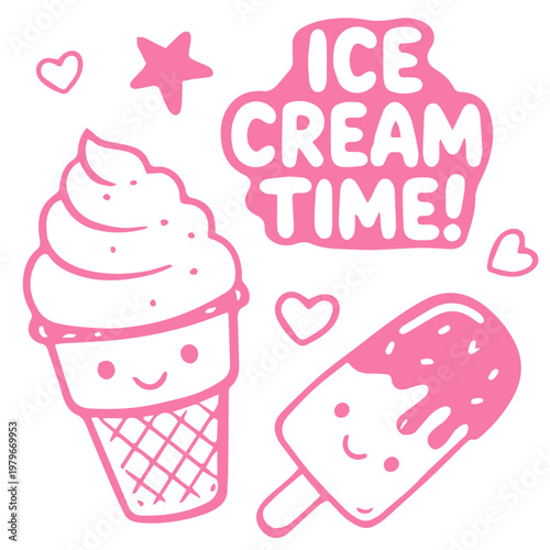Ice cream cute doodle cone and popsicle sweet dessert illustration
