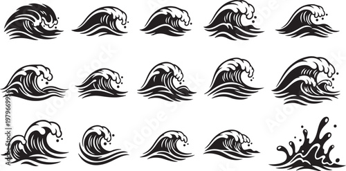 Collection of various wave icons in black and white