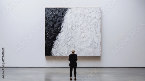 A solo figure stands enraptured by a bold black and white painting, representing the profound impact of artistic expression and the emotional resonance of contrasting colors.