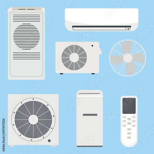 Collection of air conditioning units, fans, and remote controls arranged on a light blue background, showcasing various cooling appliances for home or office use