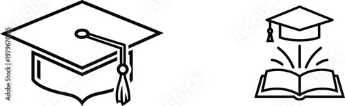 Graduation icons cap and open book representing academic achievement and learning