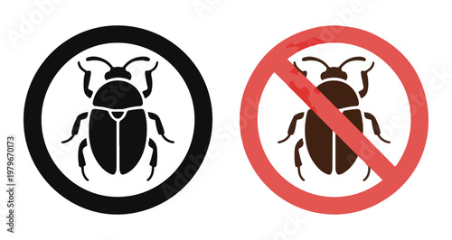 Bug icon in circle and prohibition sign with beetle symbol vector art insect symbol icon.