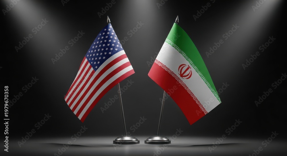 Fototapeta premium US and Iran flags on stage with spotlight