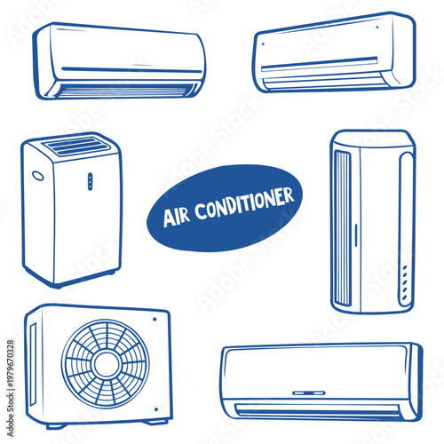 Collection of various air conditioner types including wall-mounted, portable, and window units, illustrated in a simple line art style with labeled text