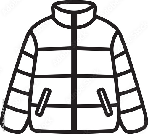 A monochrome illustration of a warm, padded jacket, ideal for cold weather, a minimalist outline with clean lines, representing style and practicality.