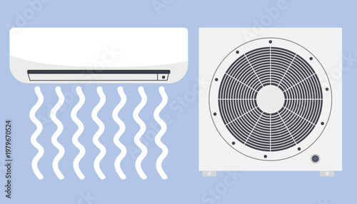 Air conditioning unit illustration featuring indoor and outdoor components with cooling airflow lines on a light blue background for HVAC design and marketing purposes