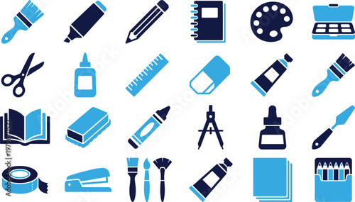 Collection of simple art and craft supplies icons navy blue and light blue.