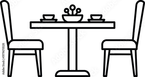 Minimalist line drawing of a dining table setting with two chairs