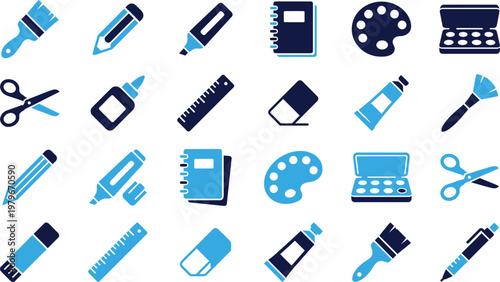 Creative art and craft supplies icons blue and navy color palette.