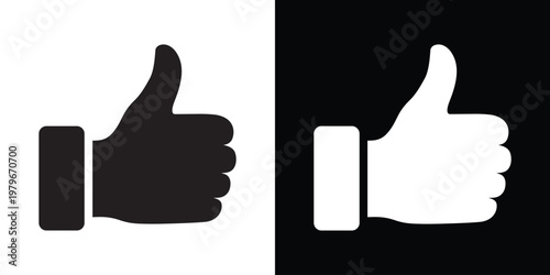 Classic thumbs up vector icon representing social media likes, positive feedback, and digital approval. Minimalist black and white hand gesture symbol for agreement and satisfaction.