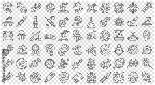 Collection of various medical and scientific icons and symbols in outline style.