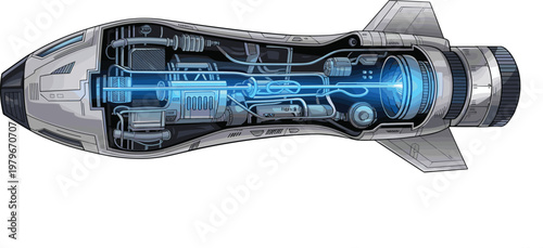 Top-down cutaway view of a sleek, futuristic silver spacecraft showcasing its internal engine, glowing blue energy conduit, and advanced components