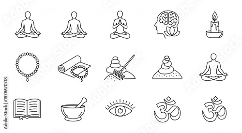 Collection of yoga and meditation related line art icons for wellness.