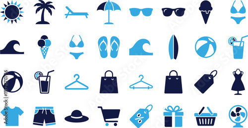 Summer vacation icons collection in blue and dark blue on white background.