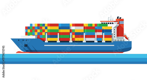 A large container ship filled with colorful cargo containers sailing on a blue ocean, representing global logistics and trade