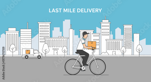 Dynamic urban last mile delivery service featuring a swift bicycle courier navigating city streets with a package, embodying efficient and timely transportation solutions