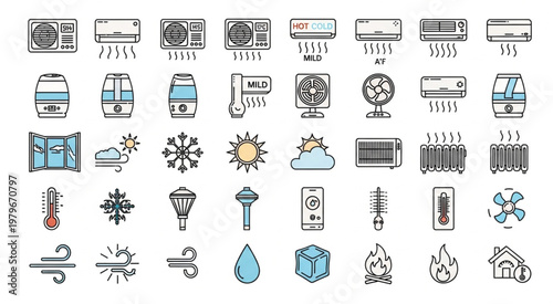 Collection of various climate control and weather related icons and symbols.