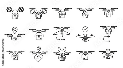 Collection of drone delivery icons showcasing modern technology and logistics.