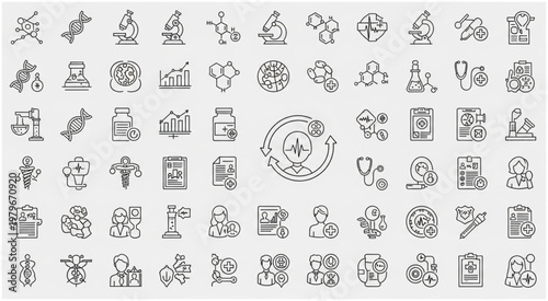 Medical and healthcare icons representing various scientific and health concepts.