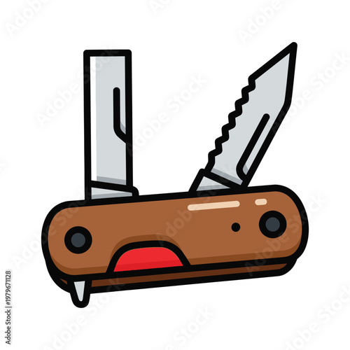 Brown pocket knife with two blades and red button on handle icon