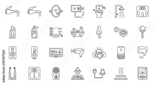 Bathroom fixtures and accessories collection in line art style for design.