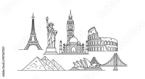 Iconic World Landmarks - A Detailed Line Art Illustration of Famous Destinations.