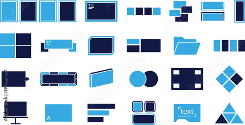 Assorted blue and dark blue icons for digital applications, web design and user interfaces.