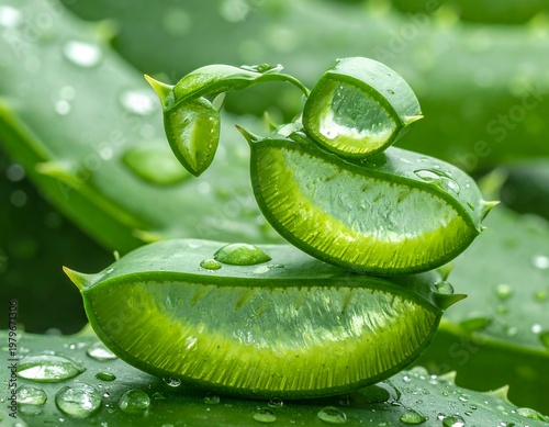 Aloe Vera Slices with Water Droplets on Green Leaves.